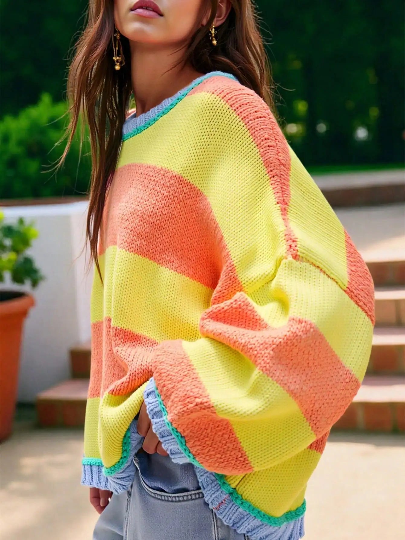 Women's Oversized Color Block Knit Sweater with Relaxed Fit for Cozy Everyday Style
