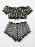 Sheer Black Mesh Daisy Print Two-Piece Loungewear Set with Ruffled Crop Top and Shorts