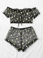 Sheer Black Mesh Daisy Print Two-Piece Loungewear Set with Ruffled Crop Top and Shorts