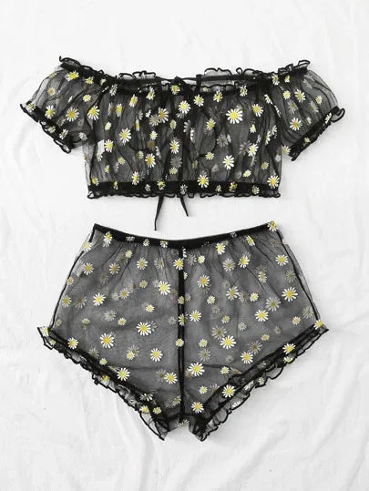 Sheer Black Mesh Daisy Print Two-Piece Loungewear Set with Ruffled Crop Top and Shorts