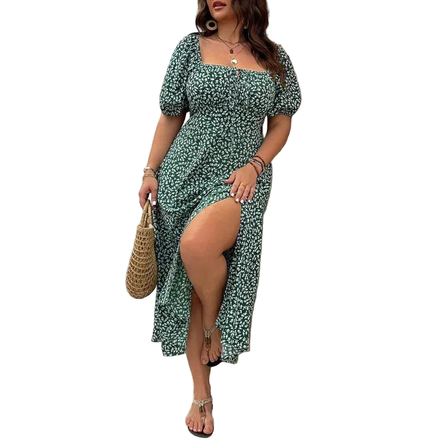 Square Neck Puff Sleeve Front Tie Floral Midi Dress for Boho Summer Style