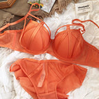 Chartreuse Strappy Cutout Underwire Bra and Sheer Mesh Panty Set