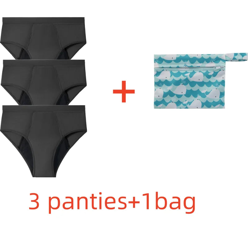 Five-Piece Solid Black Menstrual Brief Set with Two Printed Travel Bags