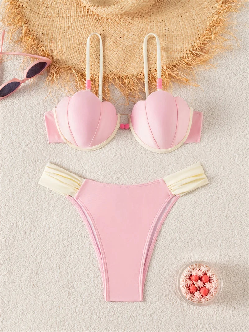 Structured Brown Seashell Underwire Bikini with Contrast White Detailing