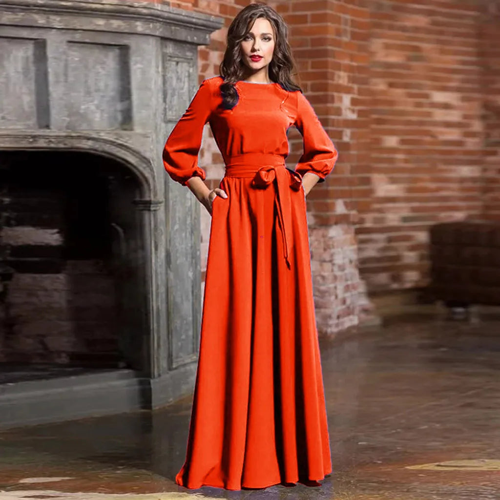 Long Sleeve A-Line Maxi Dress with Defined Waist and Flowing Silhouette