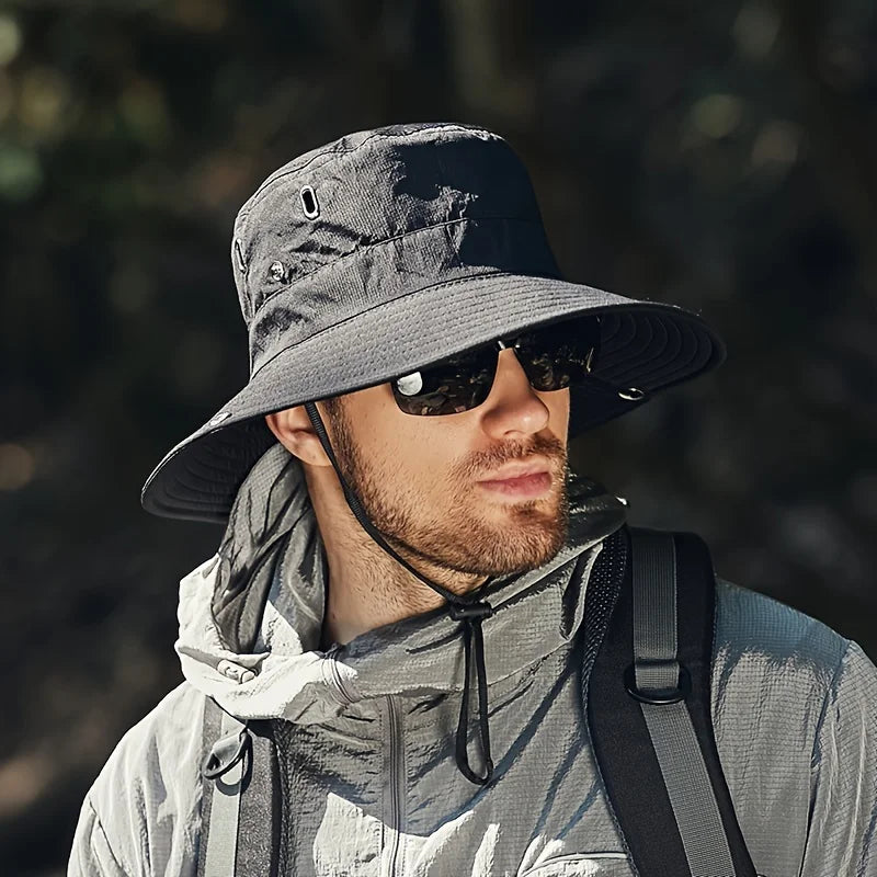 Unisex Wide Brim Bucket Sun Hat with Adjustable Chin Strap for Outdoor Adventures