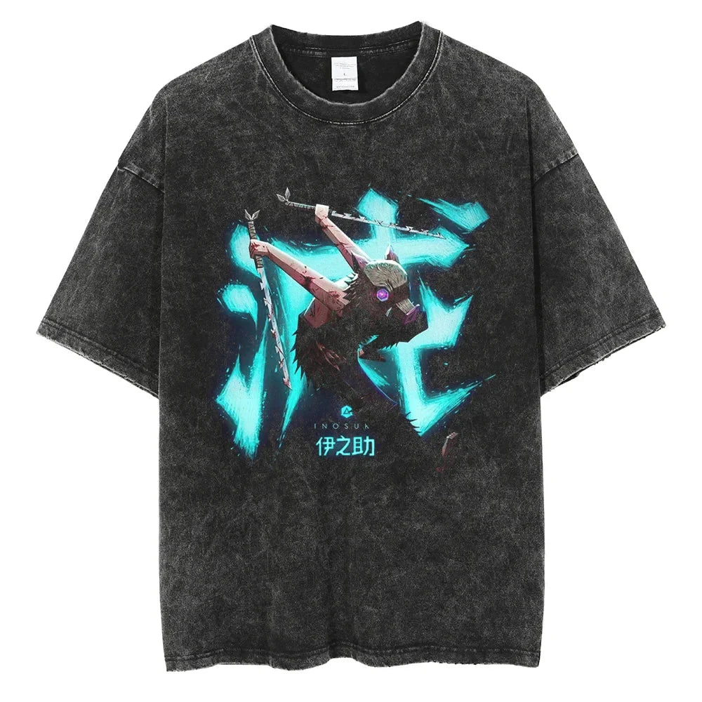 Anime-Inspired Futuristic Graphic Oversized Washed Streetwear Casual T-Shirt