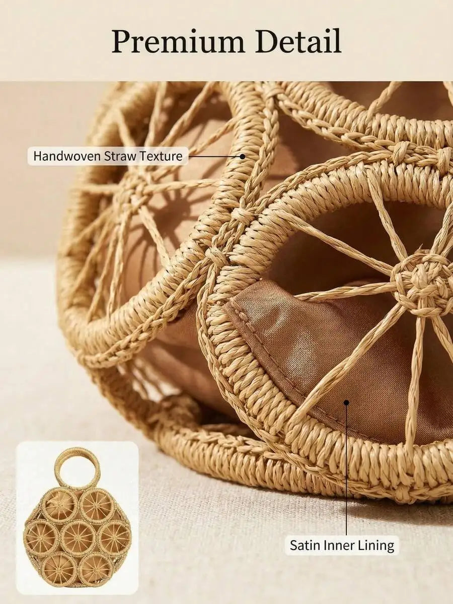 Handwoven Straw Beach Tote Bag with Circular Pattern Bohemian Styling