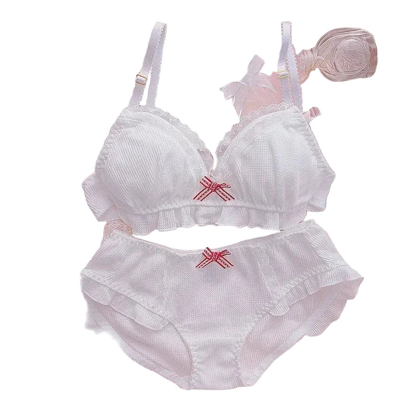 Sweet White Ruffled Cotton-Blend Bralette and Panty Set
