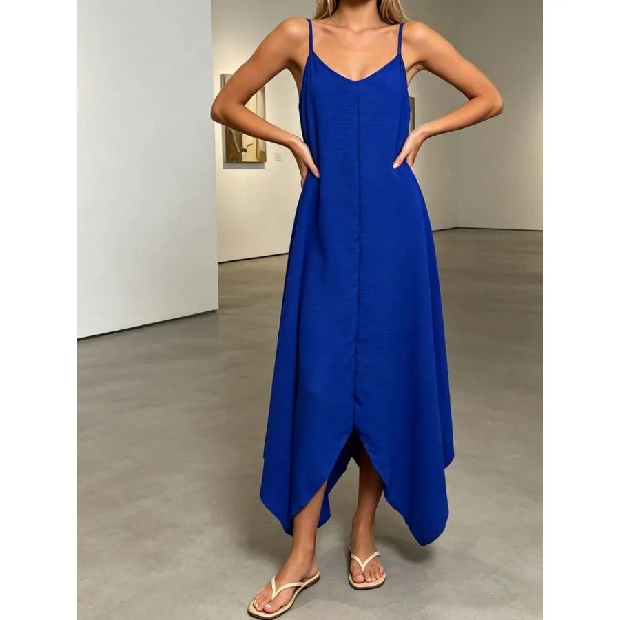 Spaghetti Strap V-Neck Maxi Dress with Relaxed Fit and Asymmetrical Hem