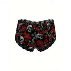 3-Piece Women’s Black and Red Skull Print Briefs Set with Lace Details, Floral Accents and Edgy Alternative Style
