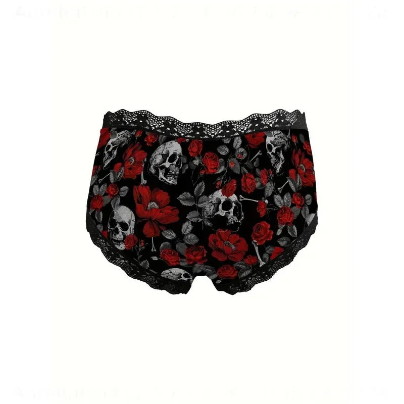 3-Piece Women’s Black and Red Skull Print Briefs Set with Lace Details, Floral Accents and Edgy Alternative Style