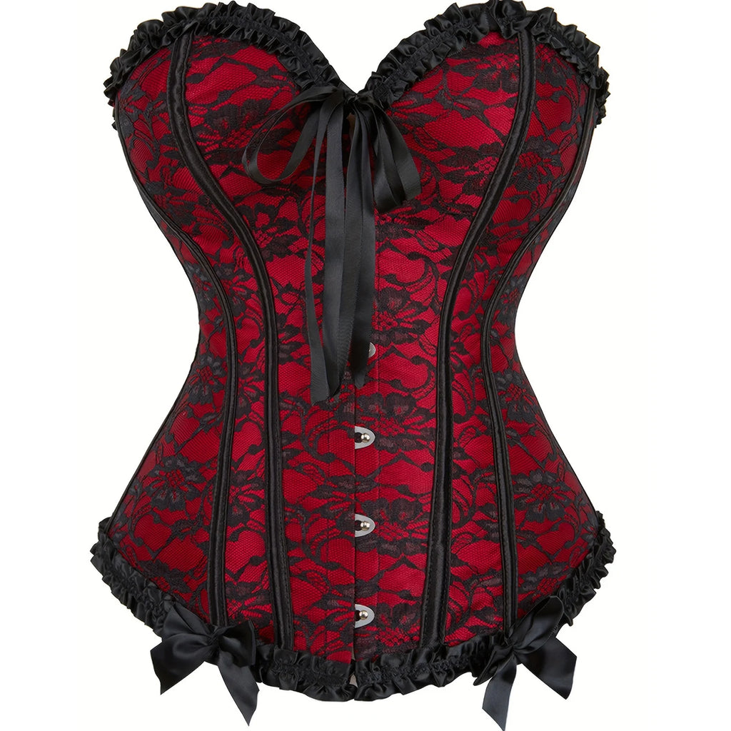 Lace Trim Overbust Corset with Bow Detail and Structured Shaping Panels