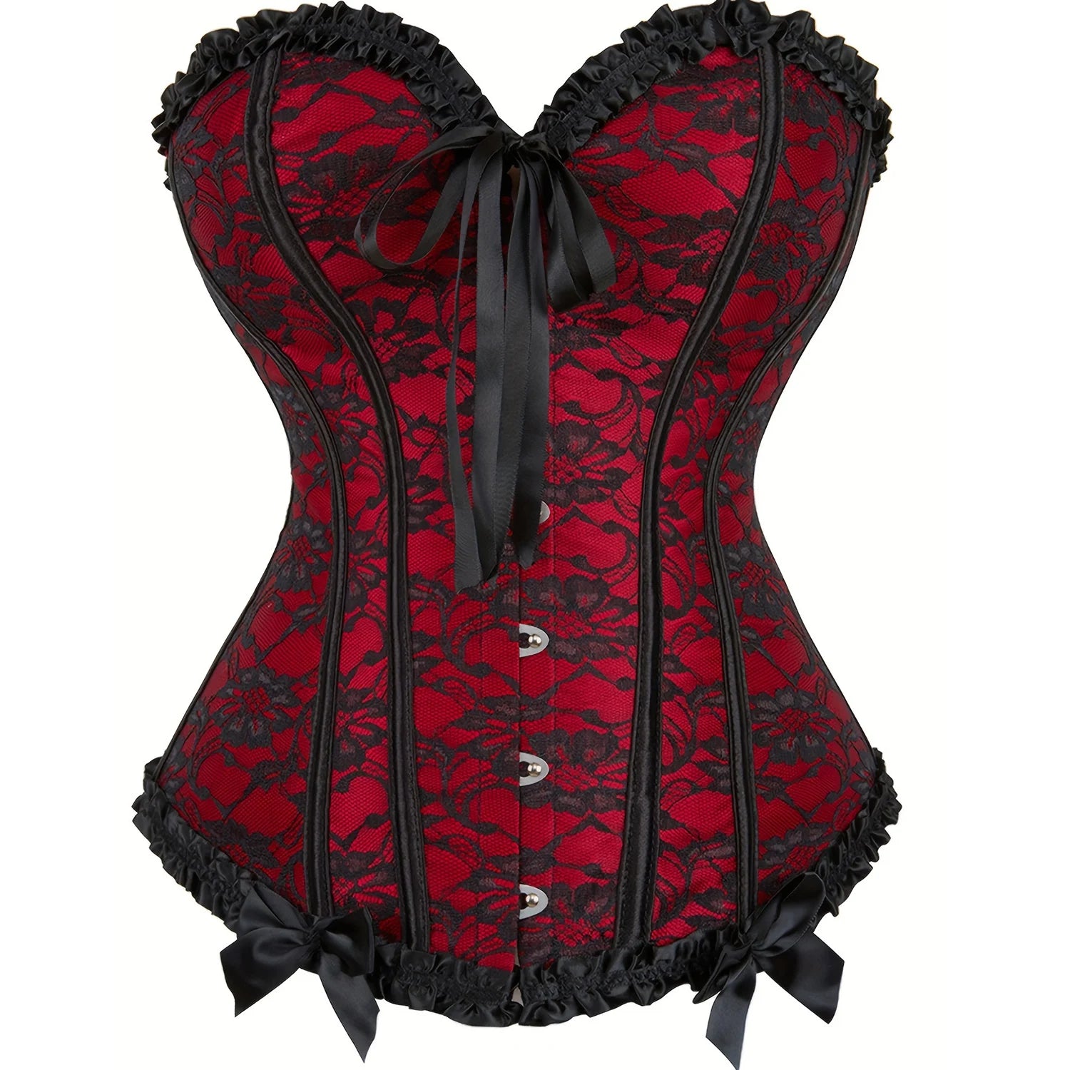 Lace Trim Overbust Corset with Bow Detail and Structured Shaping Panels