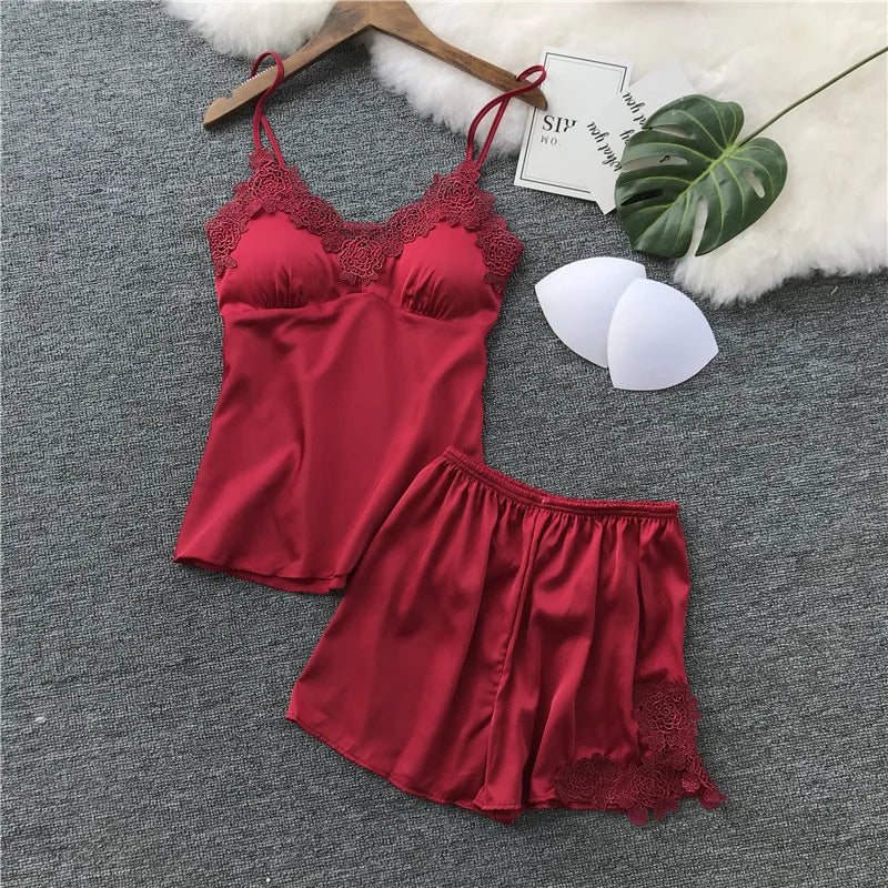 Elegant Navy Blue Satin-Finish Camisole and Shorts Set with Floral Lace Appliqué