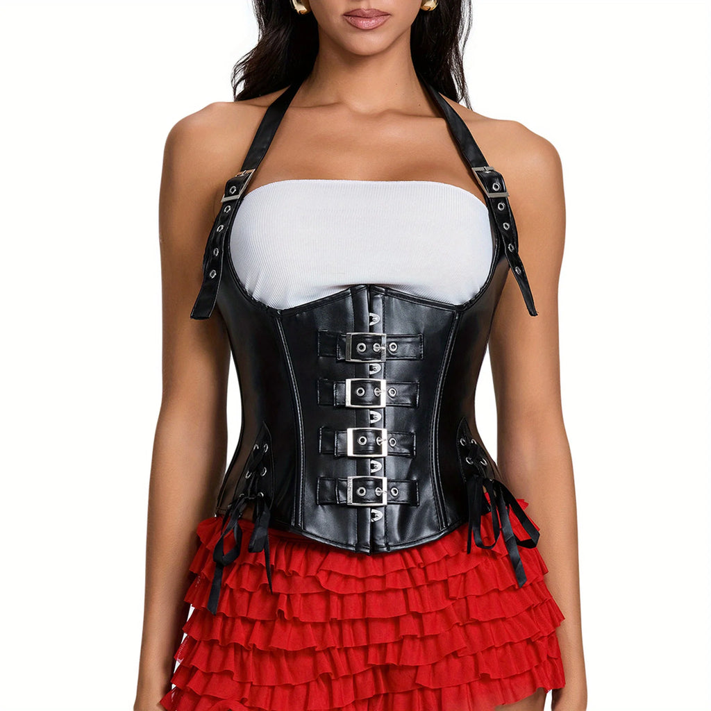 Vintage-Inspired Dark Faux Leather Underbust Corset with Adjustable Halter Straps and Metal Buckles