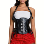Vintage-Inspired Dark Faux Leather Underbust Corset with Adjustable Halter Straps and Metal Buckles