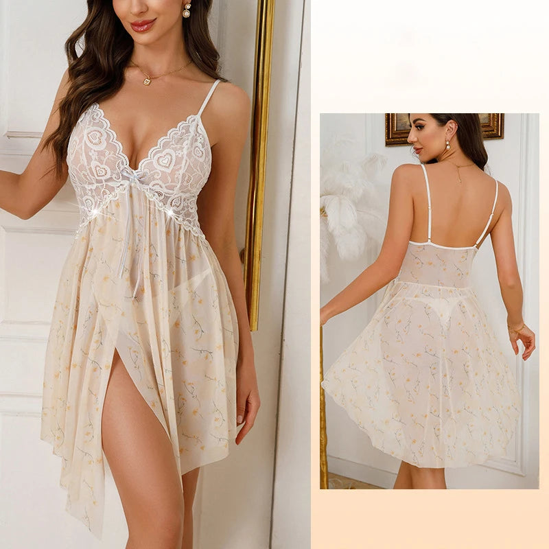 Ethereal Sheer Floral Babydoll Nightgown with Lace Bodice and Asymmetrical Hem