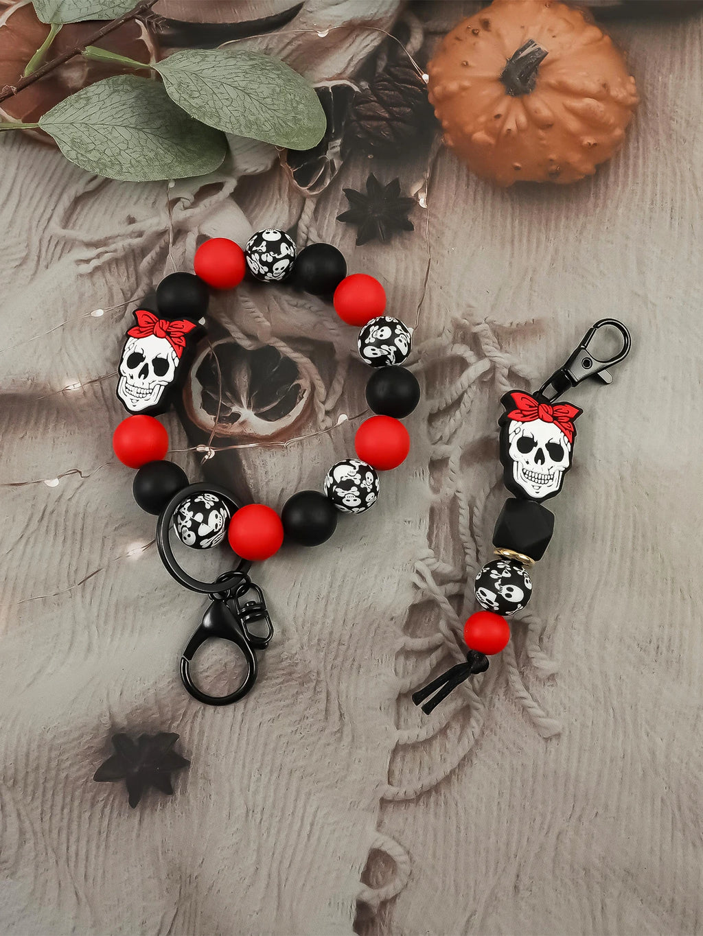 Skull Charm Beaded Keychain Bracelet Set for Gothic Alternative Styling