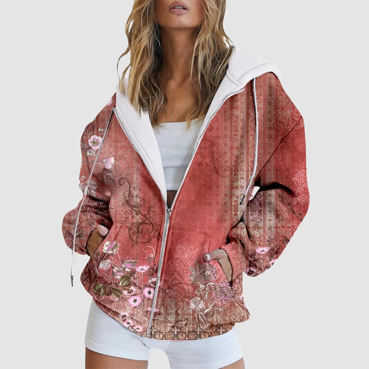 Women's Gradient Zip-Up Hoodie with Relaxed Casual Streetwear Everyday Layering Fit