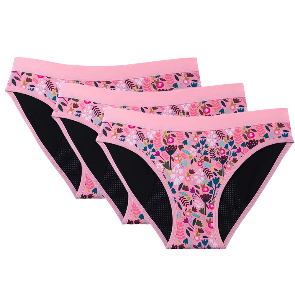 Three-Piece Floral Print Menstrual Brief Set with Contrast Waistbands