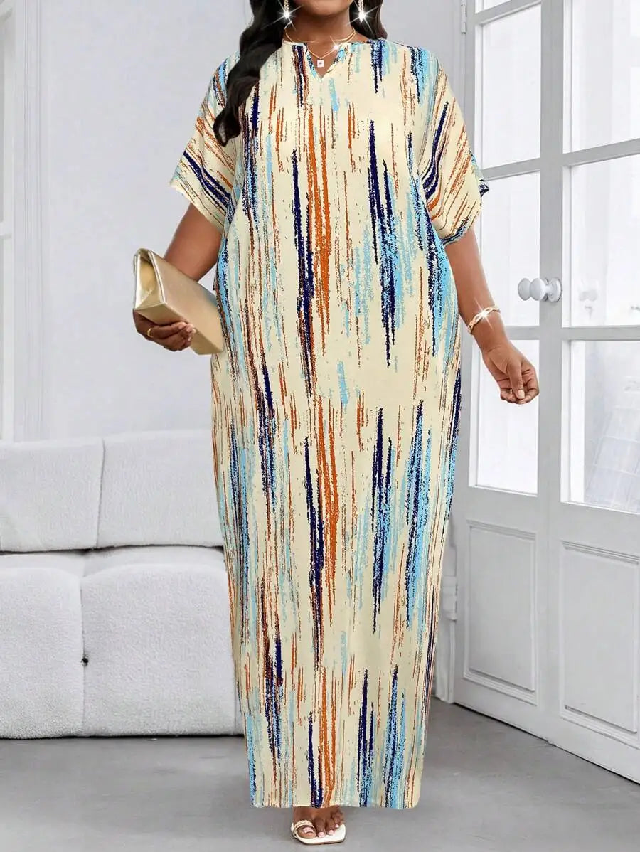 Abstract Print Batwing Sleeve Maxi Dress with Relaxed Flowing Silhouette