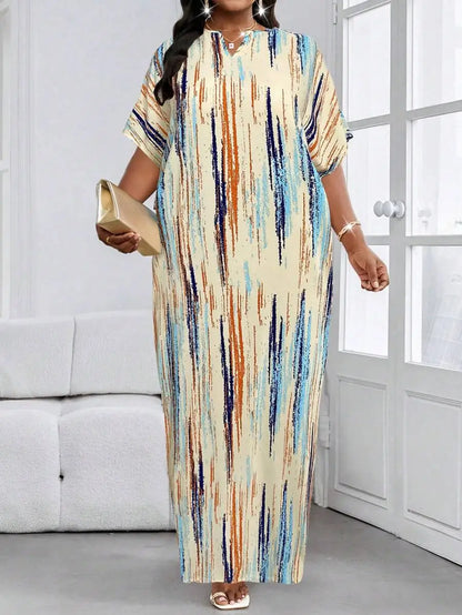 Abstract Print Batwing Sleeve Maxi Dress with Relaxed Flowing Silhouette