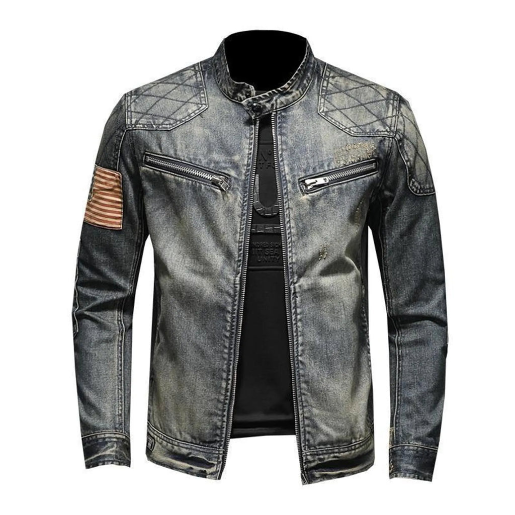 Men's Vintage-Inspired Zip-Up Denim Jacket with Stand Collar Design