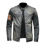 Men's Vintage-Inspired Zip-Up Denim Jacket with Stand Collar Design