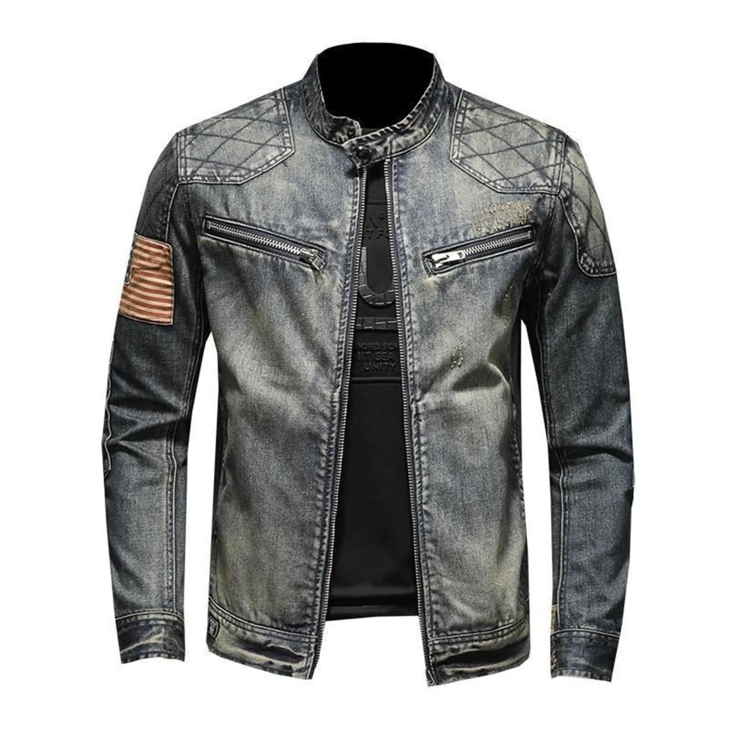 Men's Vintage-Inspired Zip-Up Denim Jacket with Stand Collar Design