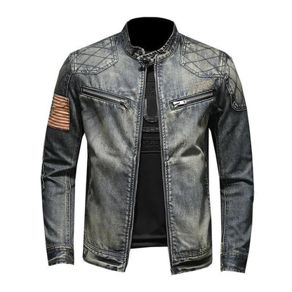 Men's Vintage-Inspired Zip-Up Denim Jacket with Stand Collar Design