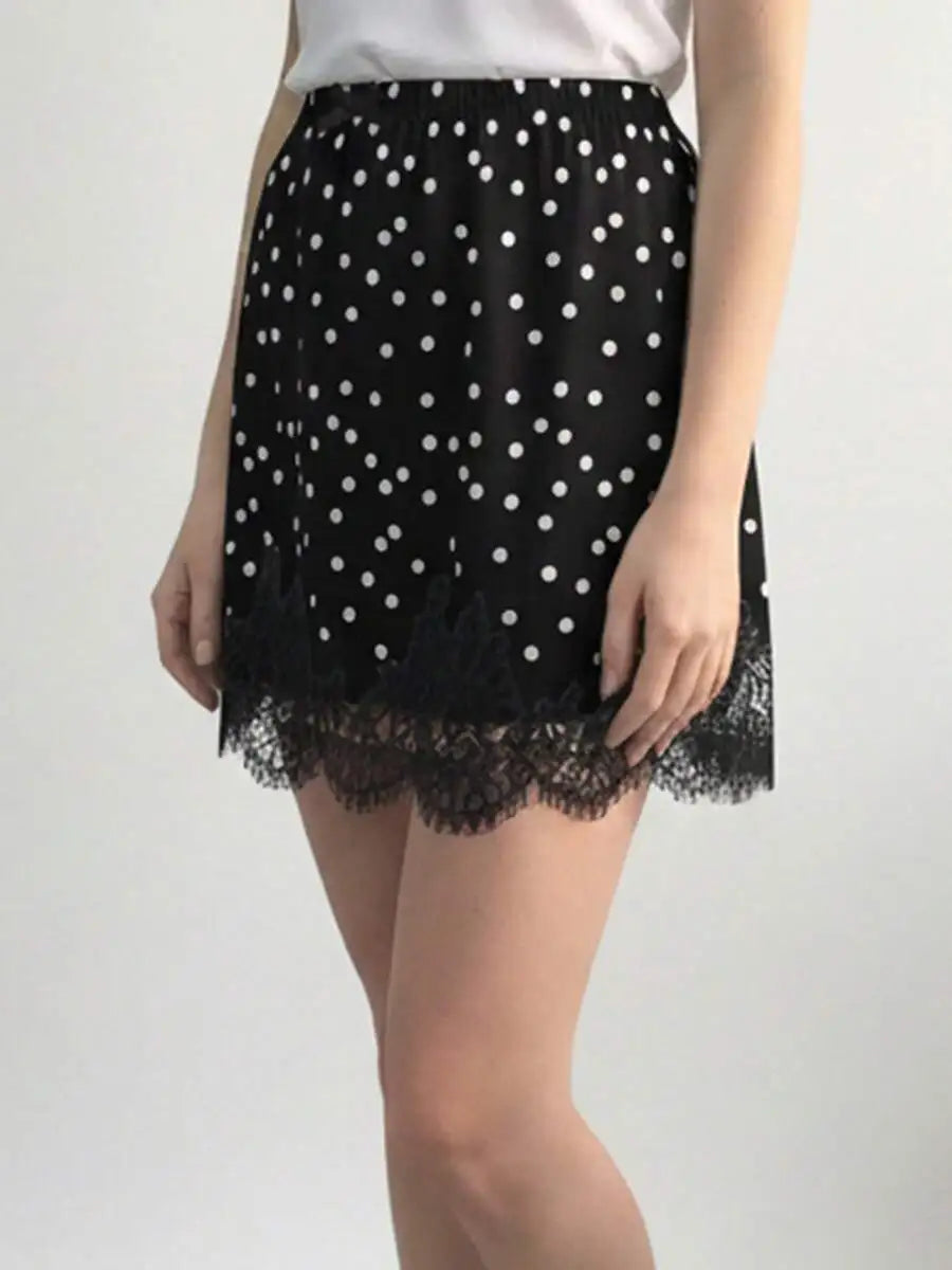 Polka Dot Lace Trim Mini Skirt with Elastic Waist A-Line Silhouette
