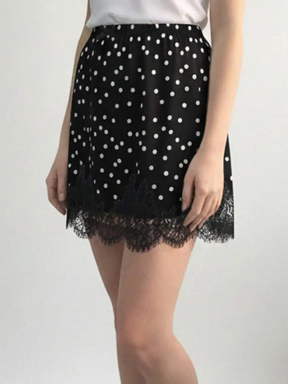 Polka Dot Lace Trim Mini Skirt with Elastic Waist A-Line Silhouette