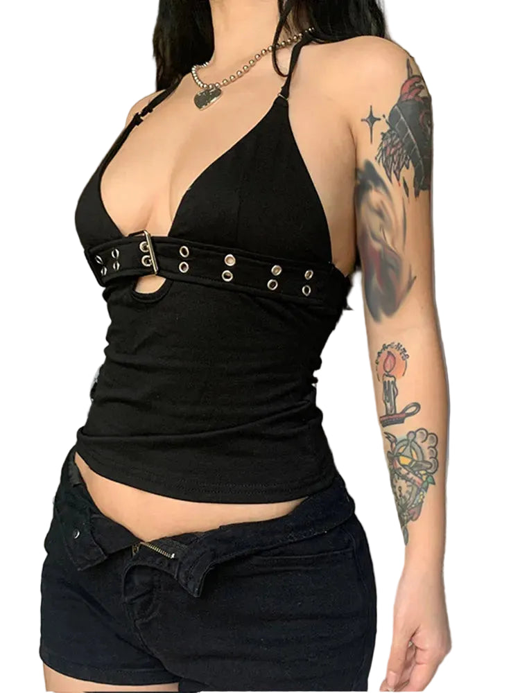 Halter Buckle Camisole Tank Top with Slim Fit Contemporary Streetwear Inspired Design