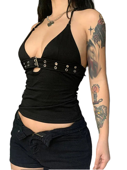 Halter Buckle Camisole Tank Top with Slim Fit Contemporary Streetwear Inspired Design