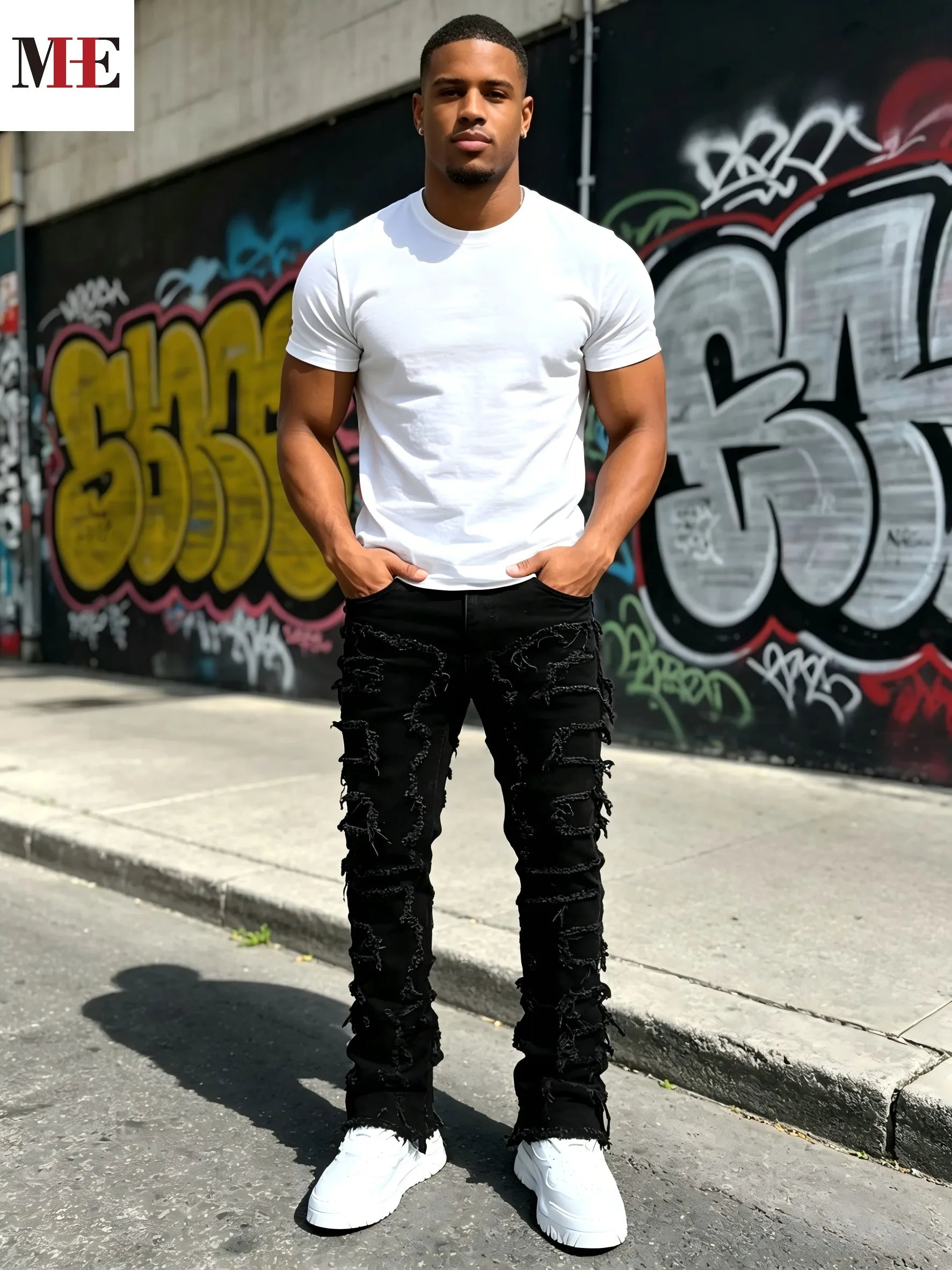 Men's Stacked Slim Denim Jeans with Frayed Finish and Contemporary Streetwear Fit