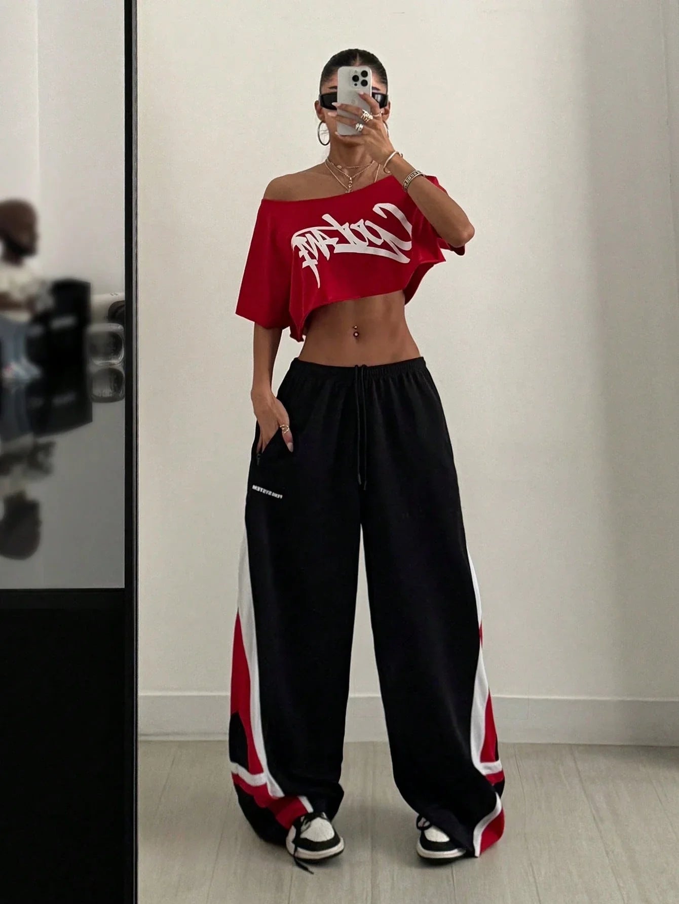 Off Shoulder Graphic Crop Tee with Relaxed Streetwear Inspired Silhouette