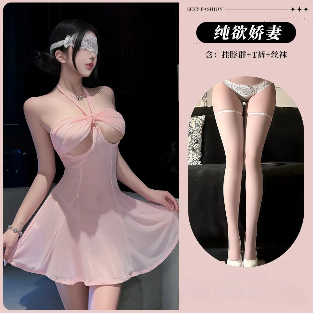 Pastel Pink Halter-Neck Flared Mini Dress with Daring Cutout Bodice