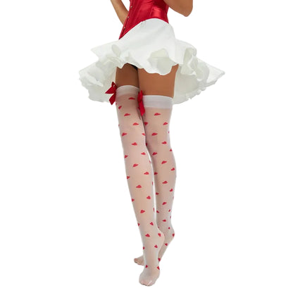 Heart Pattern Sheer Thigh High Stockings with Decorative Bow Detail for Sweet Everyday Fashion