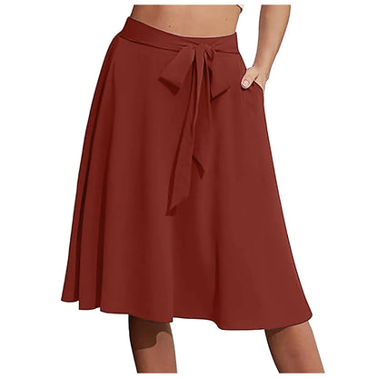 High Waist Lace-Up A-Line Midi Skirt with Pockets Casual Contemporary Everyday Style