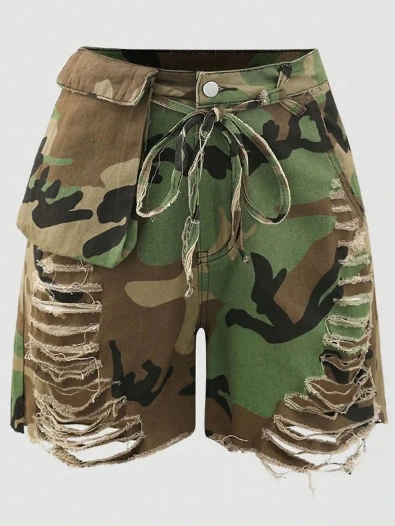 Camouflage Print Crop Top and Distressed Shorts Streetwear Co-Ord Set