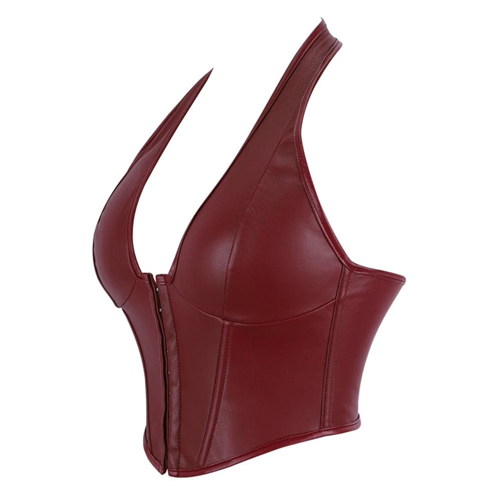 Sleek Burgundy Faux Leather Halter Vest with Front Hook Closure