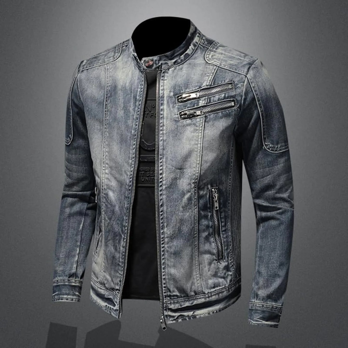 Vintage Wash Zip Front Denim Style Stand Collar Slim Fit Jacket