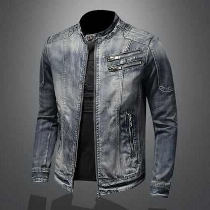 Vintage Wash Zip Front Denim Style Stand Collar Slim Fit Jacket