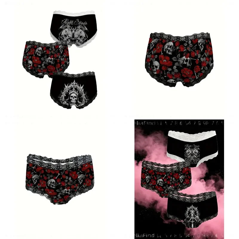 3-Piece Women’s Black and Red Skull Print Briefs Set with Lace Details, Floral Accents and Edgy Alternative Style