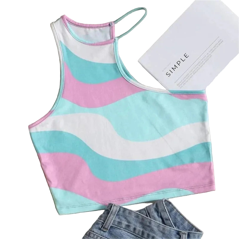 Women's Wavy Stripe Sleeveless Fitted Crop Tank Top for Modern Casual Summer Streetwear