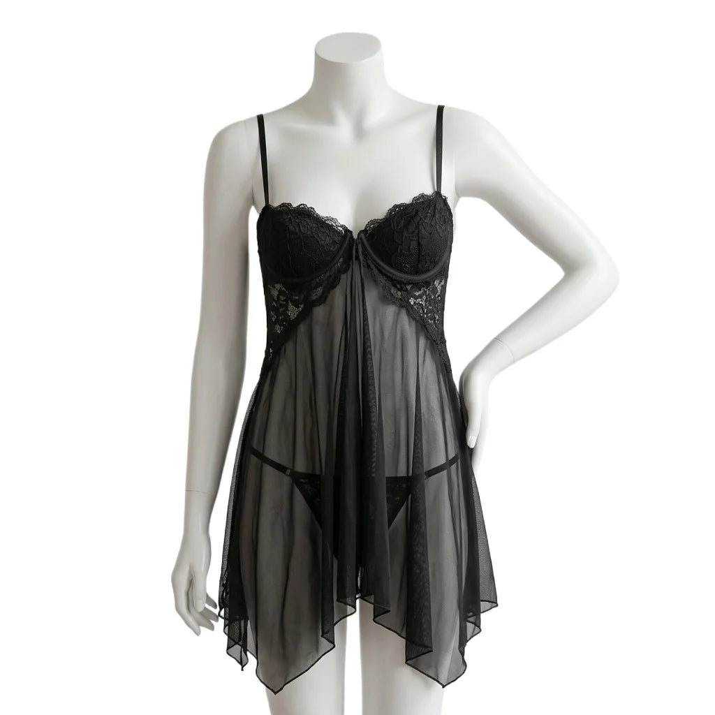 Classic Black Sheer Mesh Babydoll with Floral Lace Cups and Matching Panty