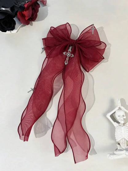 Gothic Mesh Bow Hair Clip With Cross Charm Alternative Statement Accessory