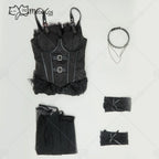 Women's Layered Gothic Dress with Detachable Mesh Train and Coordinated Gloves Set
