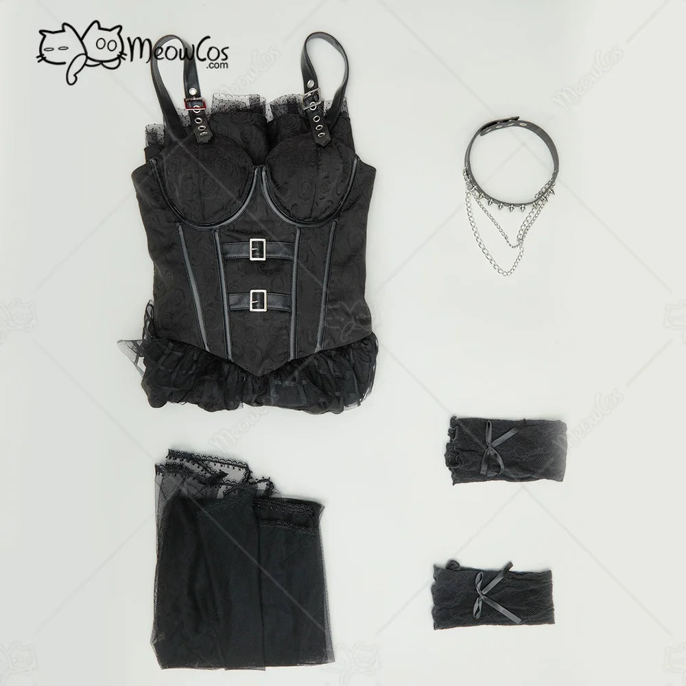 Women's Layered Gothic Dress with Detachable Mesh Train and Coordinated Gloves Set
